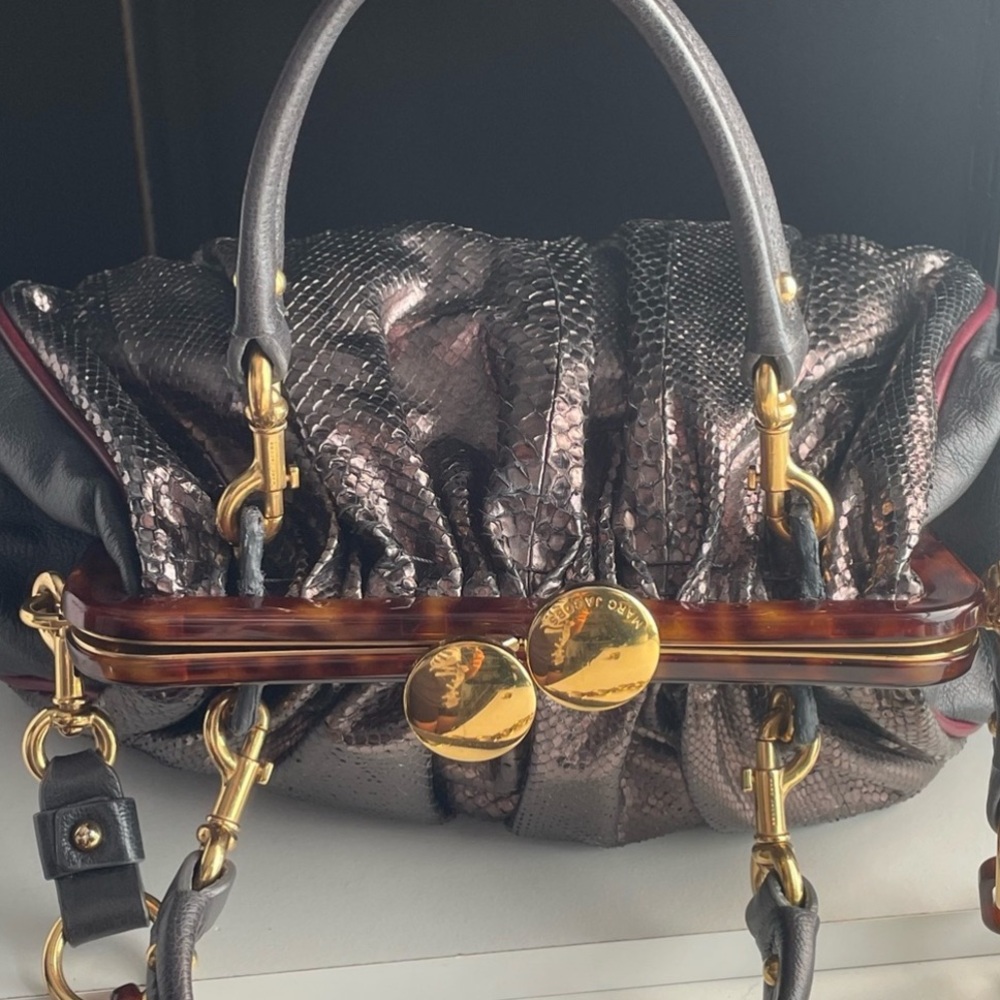 Vintage Marc Jacobs Leather & Snake Skin Python Stam Kiss lock Bag Silver Italy - Picture 3 of 16
